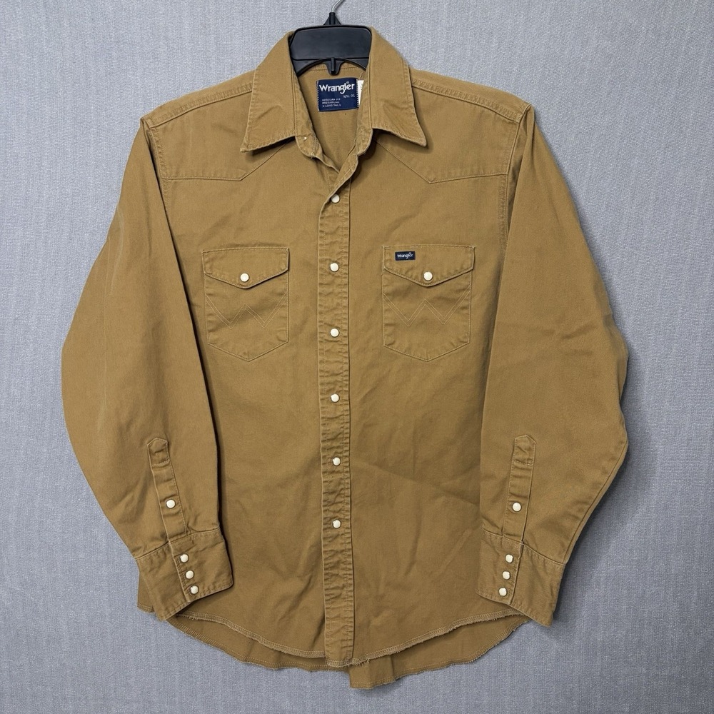 VTG Wrangler X-Long Tail Size 16.5 - 35 Western Cowboy Pearl snap Tan Shirt USA